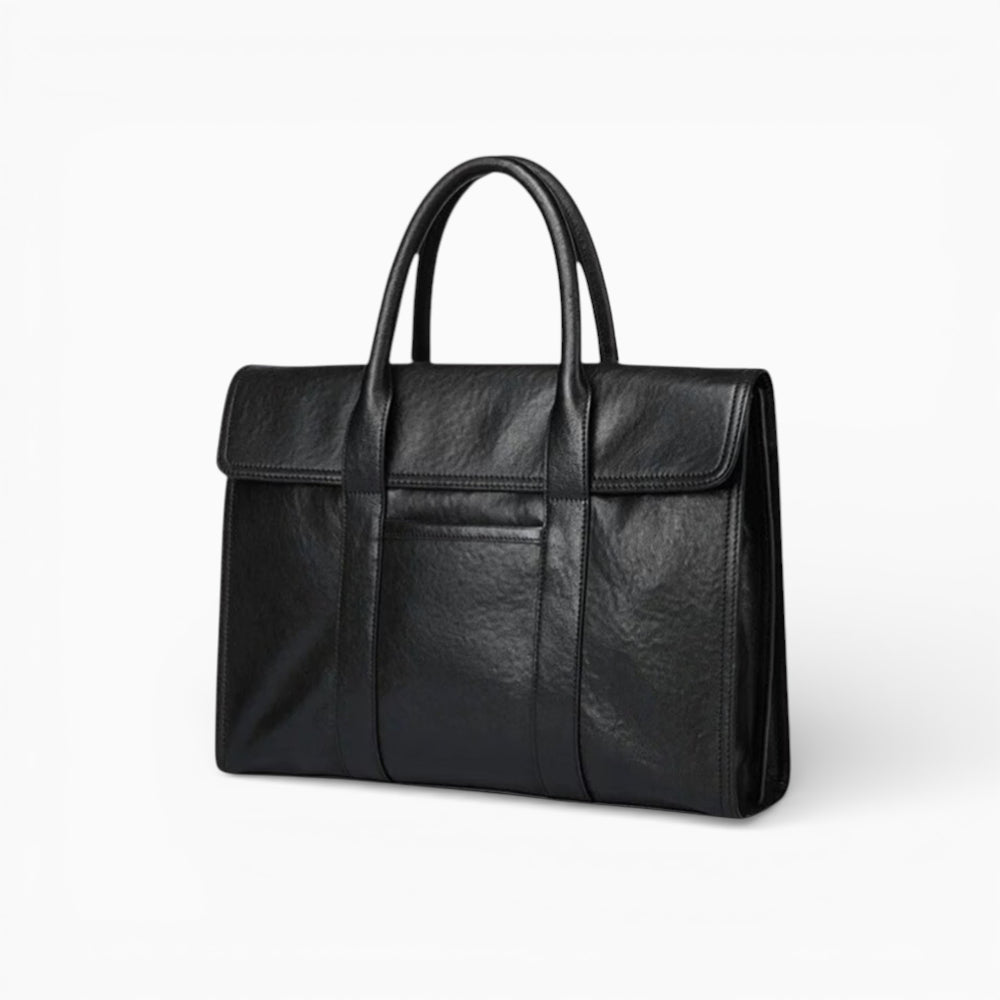 Sac en cuir pour homme avec rabat et double poignée, modèle Le Visionnaire de la marque Élégance Cuir, noir vue latérale
