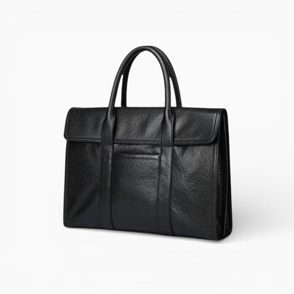 Sac en cuir pour homme avec rabat et double poignée, modèle Le Visionnaire de la marque Élégance Cuir, noir vue latérale