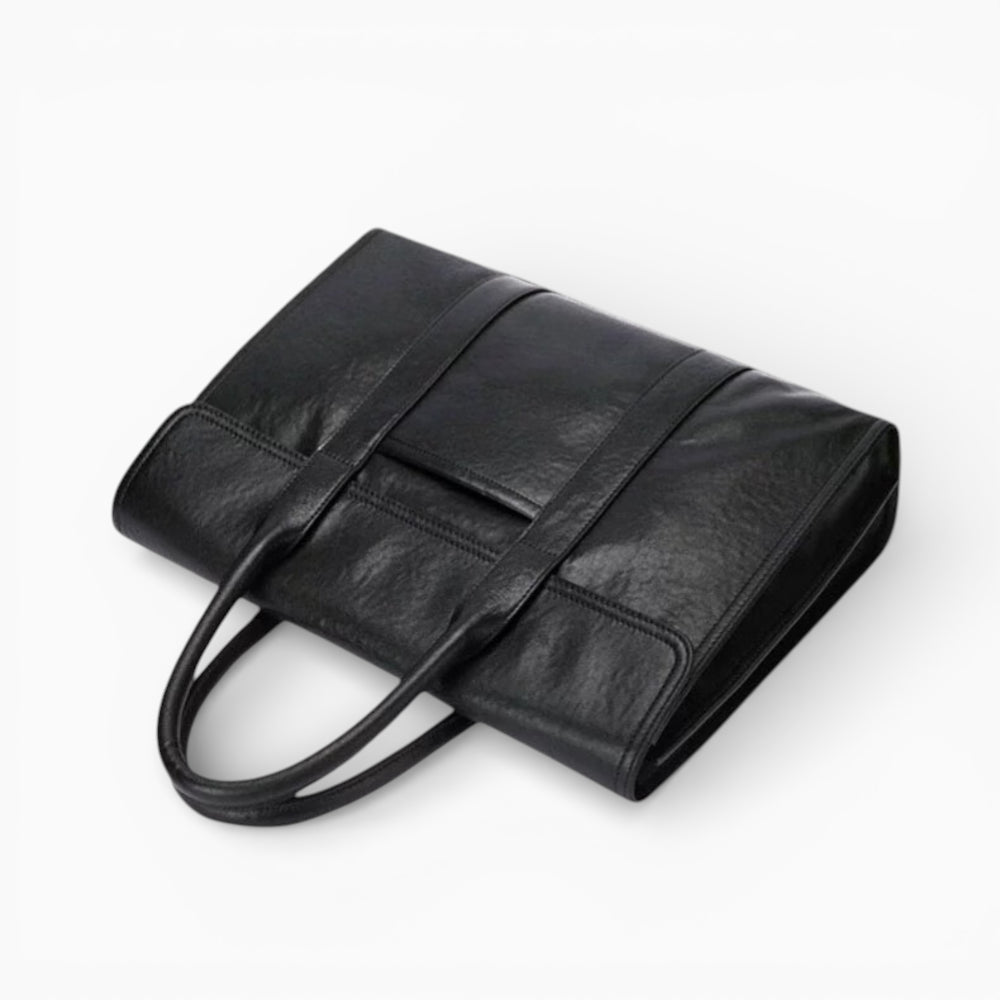 Sac en cuir pour homme Élégance Cuir, modèle Le Visionnaire avec rabat et double poignée, noir couchée