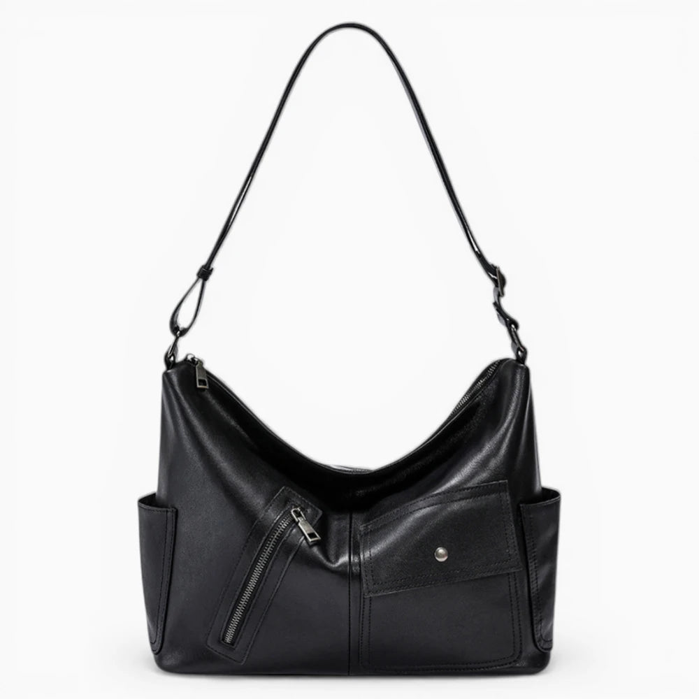Sac à main en cuir noir pour femme Élégance Cuir, modèle Belle Époque, avec poches extérieures élégantes et design tendance.