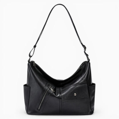 Sac à main en cuir noir pour femme Élégance Cuir, modèle Belle Époque, avec poches extérieures élégantes et design tendance.