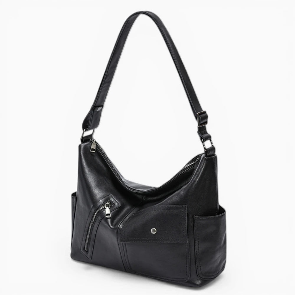 Sac à main en cuir noir pour femme Élégance Cuir, modèle Belle Époque, avec poches extérieures élégantes et design tendance vue de coté