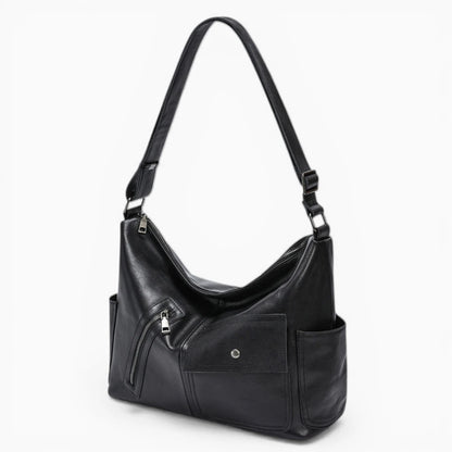 Sac à main en cuir noir pour femme Élégance Cuir, modèle Belle Époque, avec poches extérieures élégantes et design tendance vue de coté