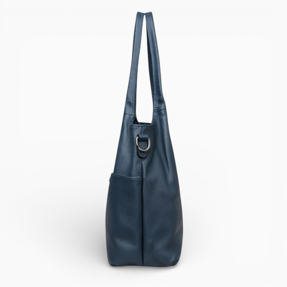 Sac à main en cuir noir pour femme, modèle L’Étudiante, vue de profil bleu