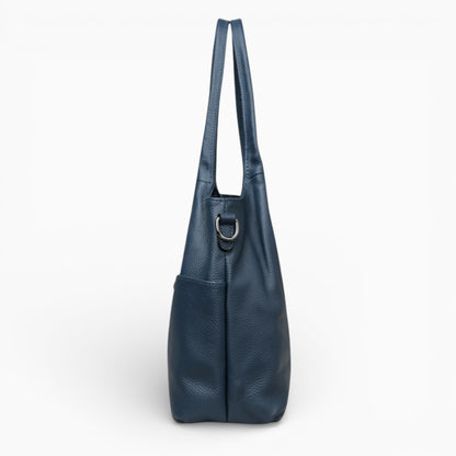 Sac à main en cuir noir pour femme, modèle L’Étudiante, vue de profil bleu