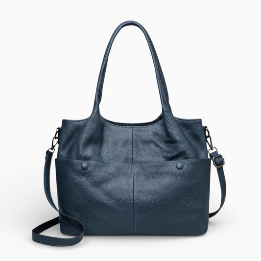 Sac à main femme en cuir grande capacité, modèle L’Étudiante de la marque Élégance Cuir, vue de face bleu