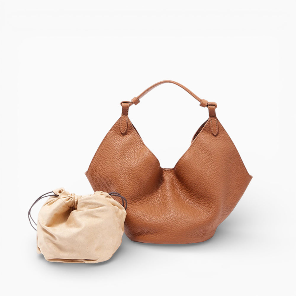Sac à main hobo en cuir caramel pour femme, modèle Amaya d'Élégance Cuir, vue de face avec pochette.