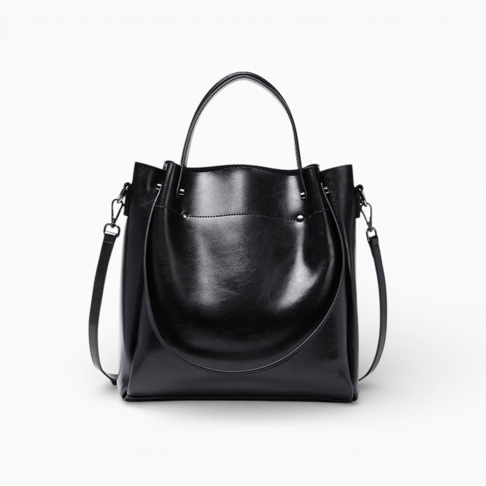 Sac à main grand format structuré en cuir noir La Magistrale d'Élégance Cuir, illustrant un design et un savoir-faire élégants.