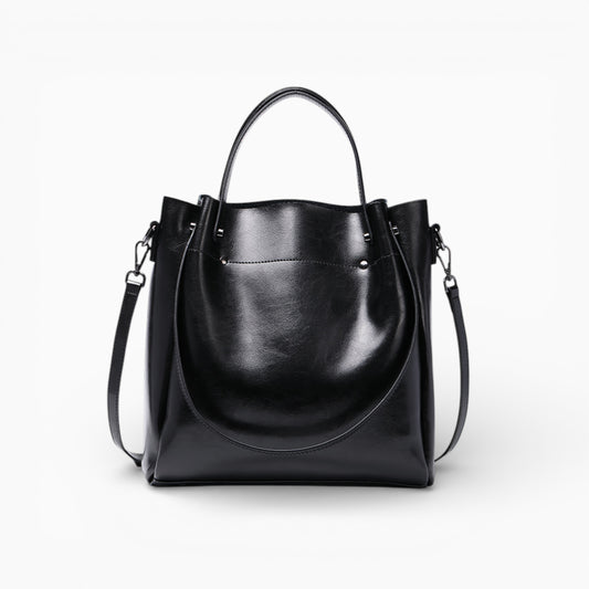 Sac à main grand format structuré en cuir noir La Magistrale d'Élégance Cuir, illustrant un design et un savoir-faire élégants.
