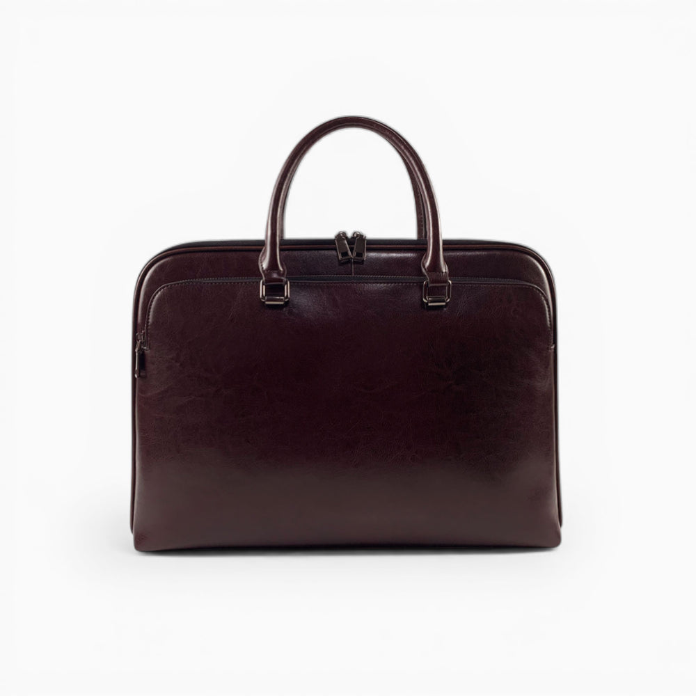 Sac ordinateur en cuir pour homme, modèle Le Diplomate d'Élégance Cuir, avec double poignée et bandoulière amovible, marron foncé vue de face