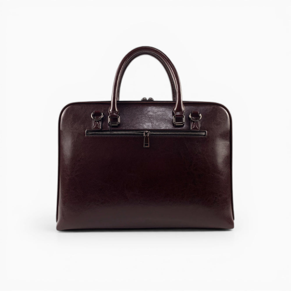 Sac ordinateur homme en cuir avec double poignée et bandoulière amovible, modèle Le Diplomate d'Élégance Cuir, marron foncé vue de dos