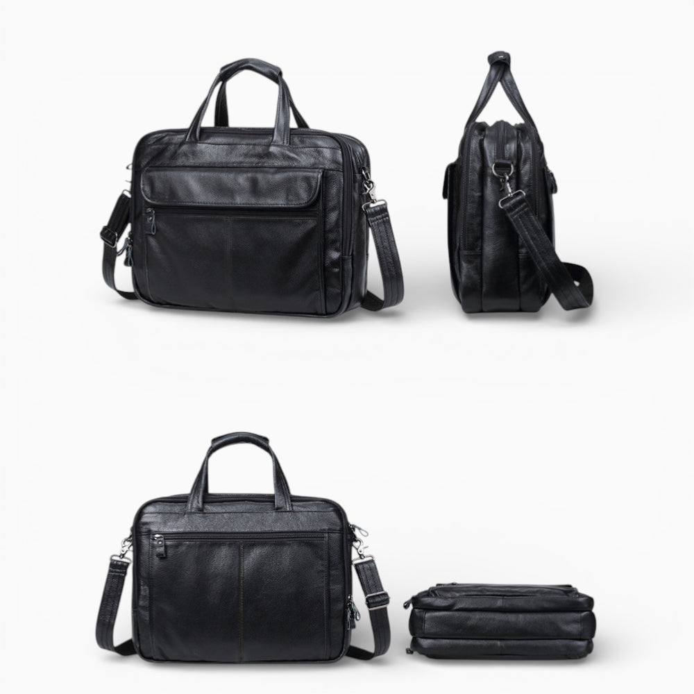 Sac ordinateur homme en cuir bandoulière modèle L’Élégant de la marque Élégance Cuir, vue 360°
