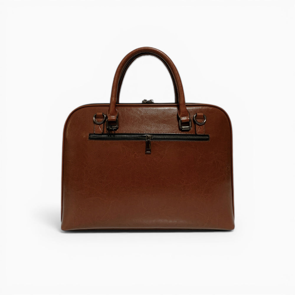 Sac ordinateur homme en cuir marron avec double poignée et bandoulière amovible, modèle Le Diplomate d'Élégance Cuir, vue de dos 