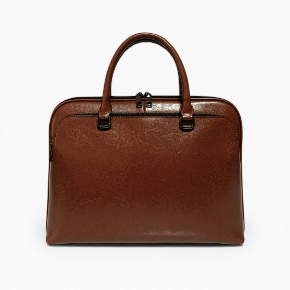 Sac ordinateur homme en cuir marron avec double poignée et bandoulière amovible, modèle Le Diplomate d'Élégance Cuir, vue de face