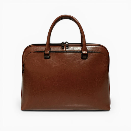 Sac ordinateur homme en cuir marron avec double poignée et bandoulière amovible, modèle Le Diplomate d'Élégance Cuir, vue de face