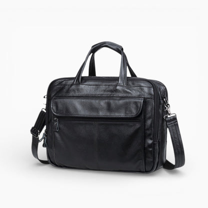 Sac ordinateur homme en cuir noir avec bandoulière, modèle L’Élégant de Élégance Cuir, vue latérale