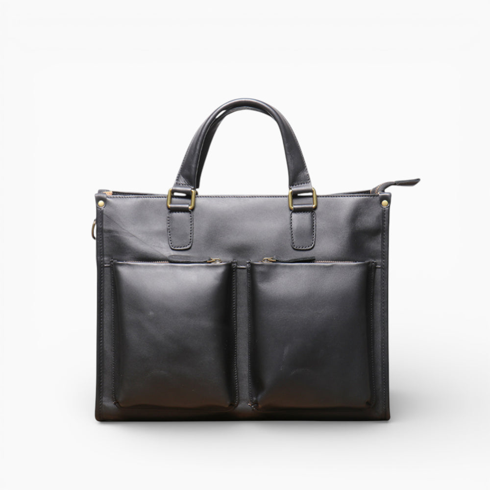 Sac ordinateur homme en cuir noir de grande capacité, modèle Le Dirigeant par Élégance Cuir, vue de face