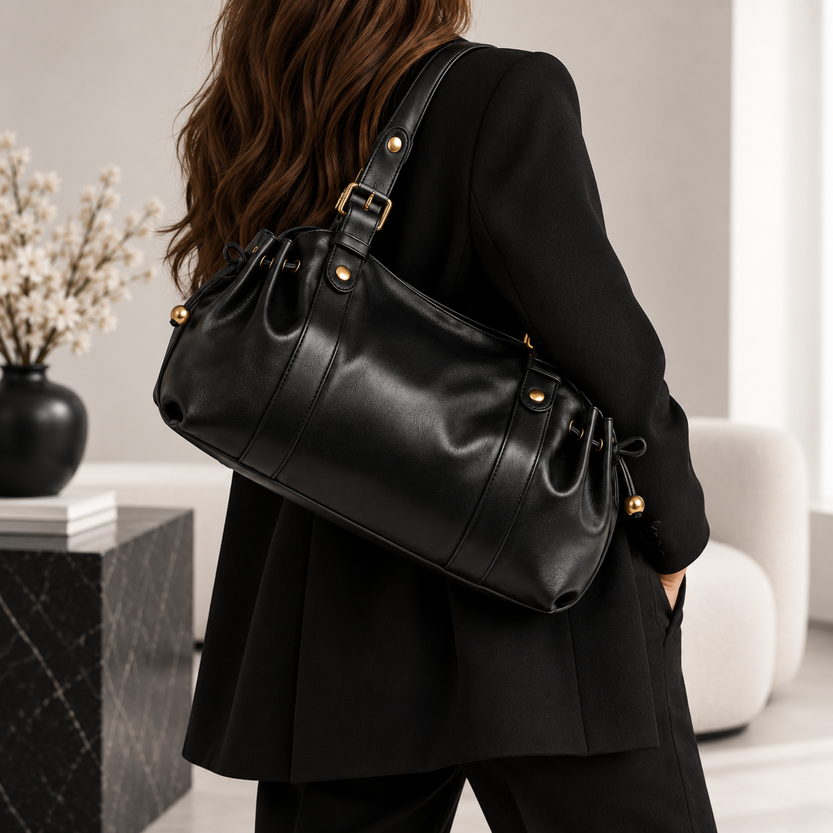 Sac à main vintage noir en cuir Élégance Cuir, avec détails élégants et finition sophistiquée, sur fond neutre.