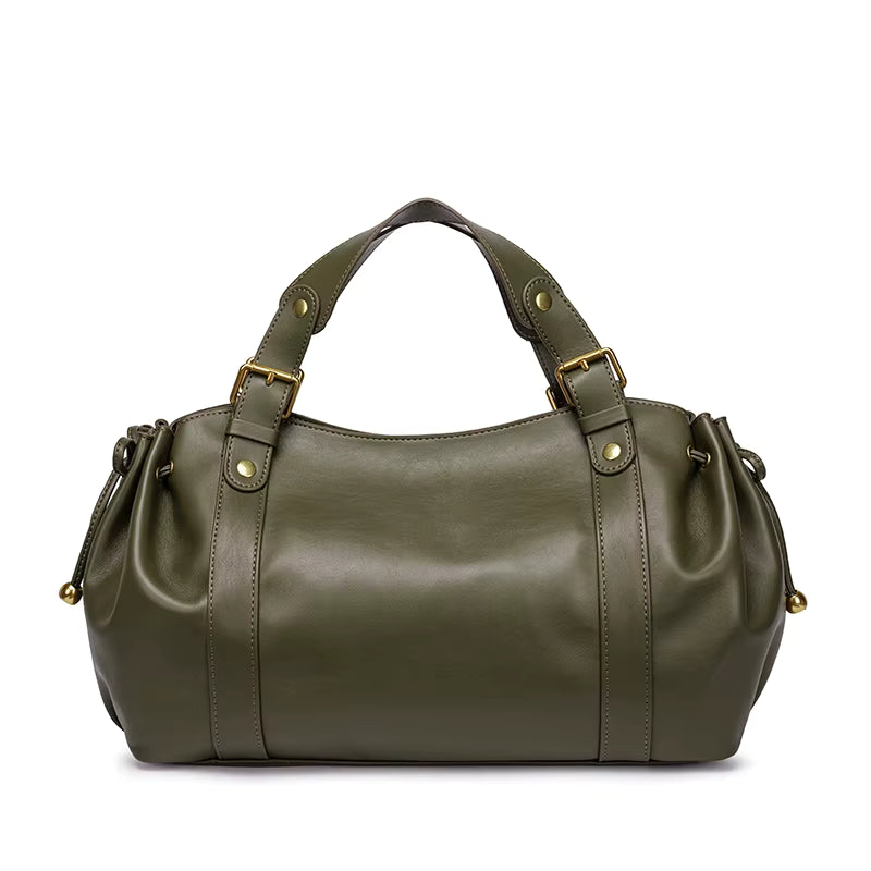 Sac à main vintage vert Élégance Cuir Noemi avec poignées en cuir et détails élégants, vue de face.