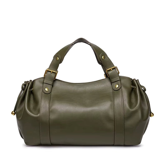 Sac à main vintage vert Élégance Cuir Noemi avec poignées en cuir et détails élégants, vue de face.