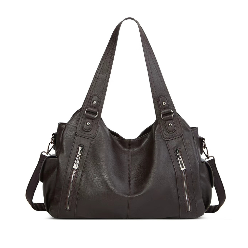 Grand sac à main souple Élégance Cuir Lucie avec poignée en cuir et grande capacité, vue de face sur fond blanc.