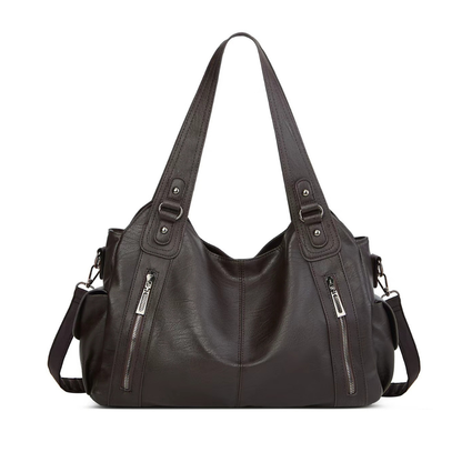 Grand sac à main souple Élégance Cuir Lucie avec poignée en cuir et grande capacité, vue de face sur fond blanc.
