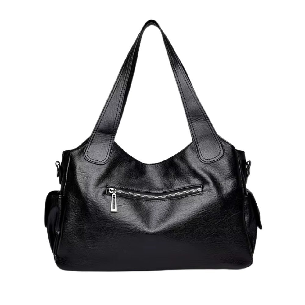Grand sac à main souple Élégance Cuir Lucie avec poignées en cuir et compartiments spacieux, vue de face.