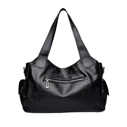 Grand sac à main souple Élégance Cuir Lucie avec poignées en cuir et compartiments spacieux, vue de face.