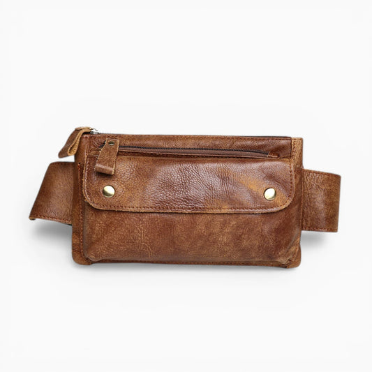 Sacoche bandoulière en cuir pour homme, format ceinture, avec rabat et poche zippée, modèle Tradition d'Élégance Cuir, marron clair vue de face