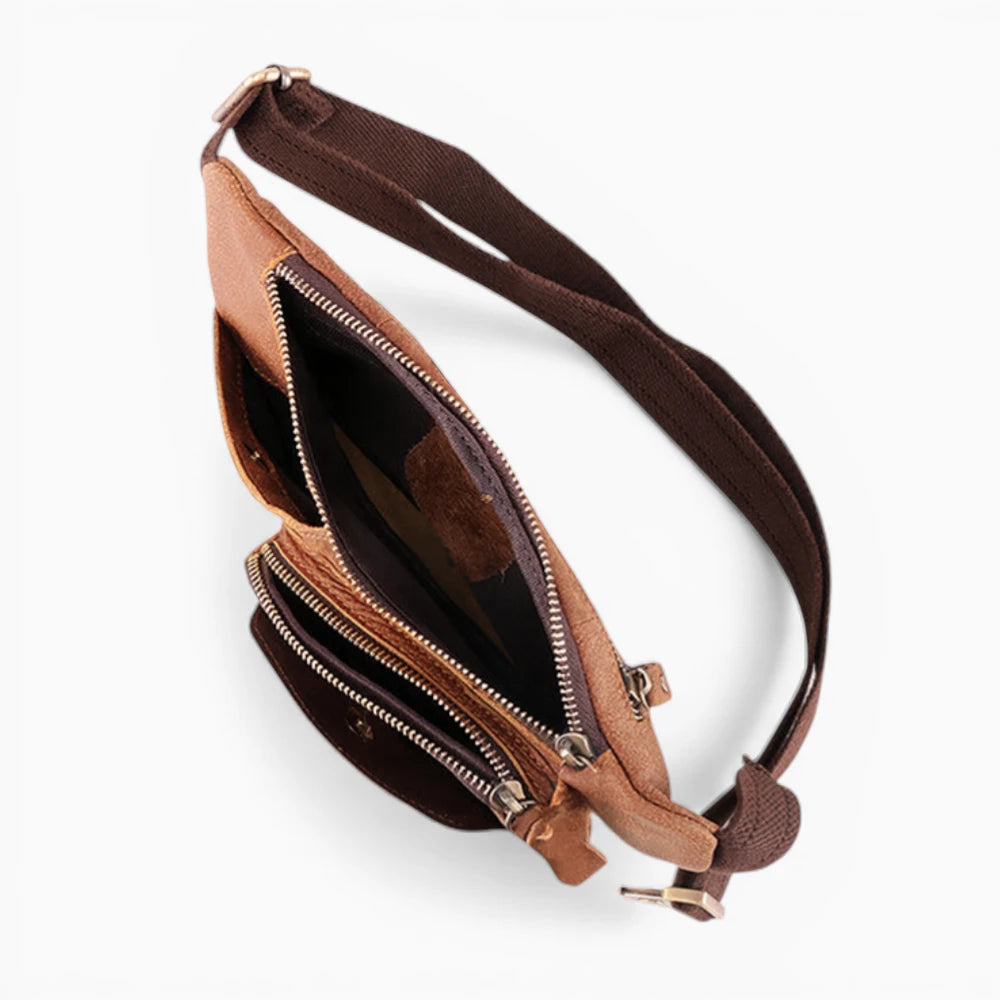 Sacoche bandoulière en cuir pour homme, modèle Atlas, vue intérieur, avec poches zippées, de la marque Élégance Cuir.