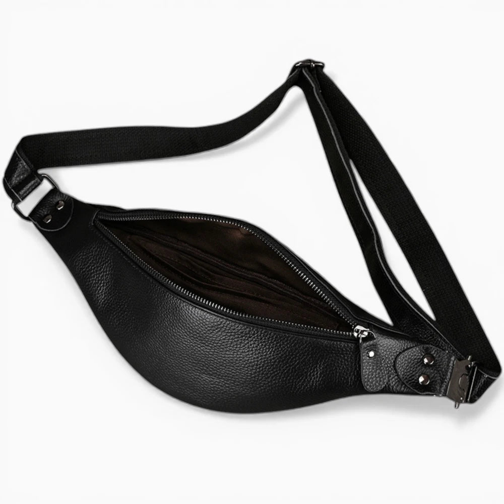Sacoche bandoulière en cuir pour homme, modèle Horizon, format ceinture, avec zip, couleur noire, vue intérieure