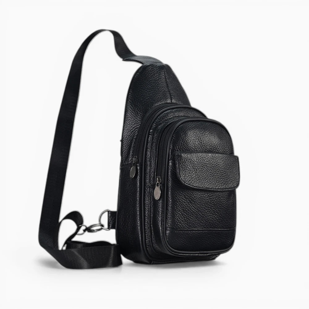 Sacoche bandoulière en cuir pour homme, modèle Prestige, avec poche zippée, noir vue latérale