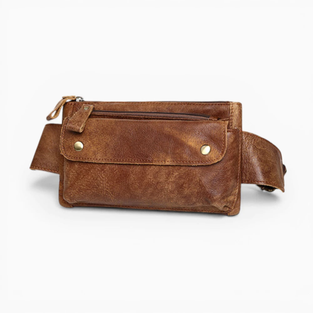 Sacoche bandoulière en cuir pour homme, modèle Tradition, avec rabat et poche zippée, marron clair vue latérale