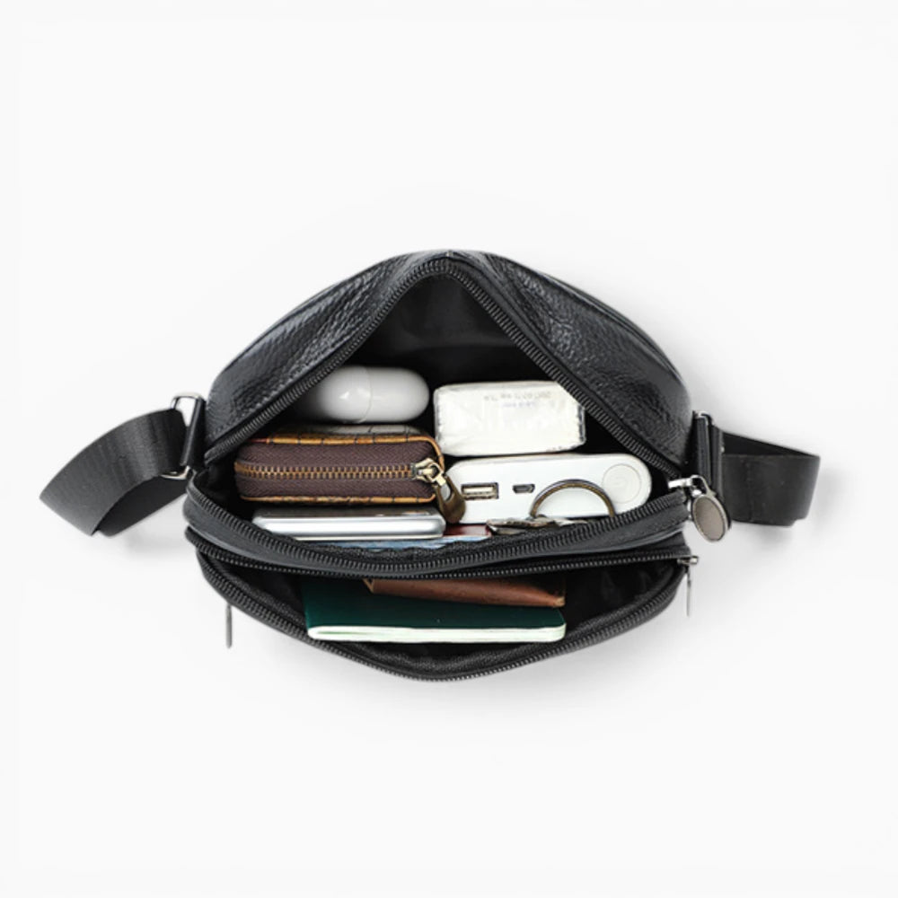 Sacoche bandoulière en cuir pour homme, modèle Urbaine, avec double poche zippée, couleur noir, vue intérieure