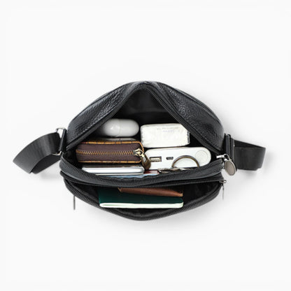 Sacoche bandoulière en cuir pour homme, modèle Urbaine, avec double poche zippée, couleur noir, vue intérieure