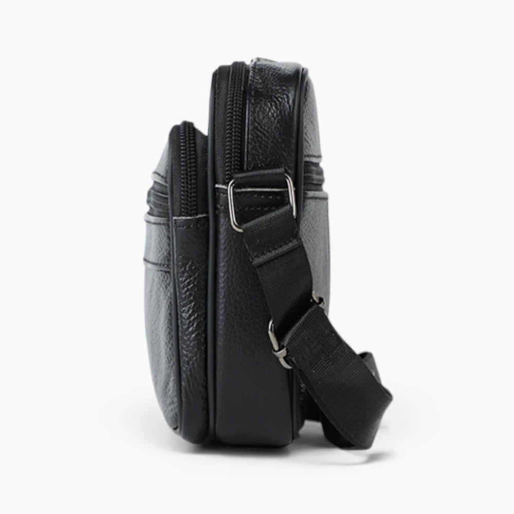 Sacoche bandoulière en cuir pour homme, modèle Urbaine, avec double poche zippée, noir vue de profil