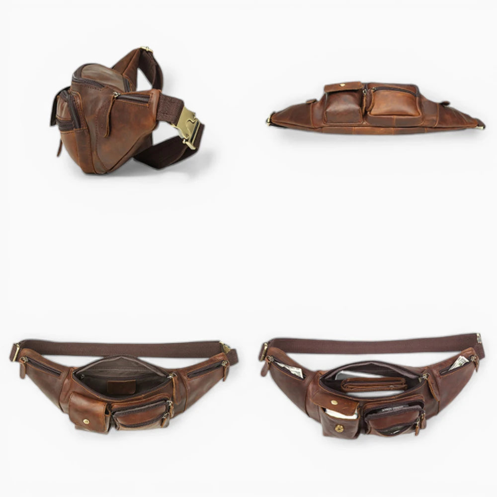 Sacoche bandoulière homme en cuir avec plusieurs poches, modèle Authentique de la marque Élégance Cuir, vue 360°