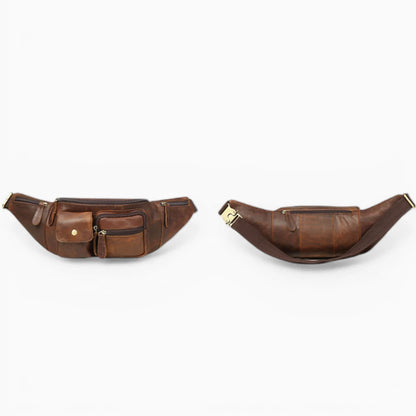 Sacoche bandoulière homme en cuir marron foncé avec plusieurs poches, modèle Authentique de la marque Élégance Cuir, vue de face et de dos