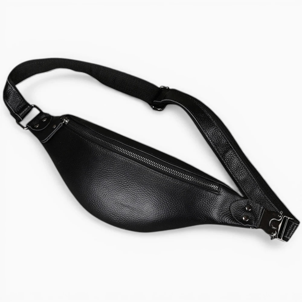 Sacoche bandoulière homme en cuir modèle Horizon, format ceinture avec zip, vue couchée