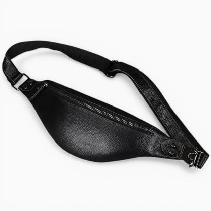 Sacoche bandoulière homme en cuir modèle Horizon, format ceinture avec zip, vue couchée