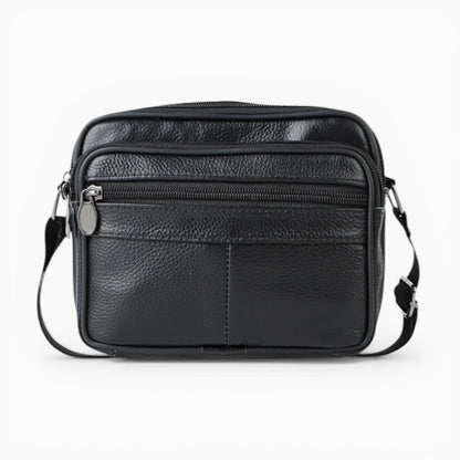Sacoche bandoulière homme en cuir noir avec double poche zippée, modèle Urbaine de la marque Élégance Cuir, vue de face