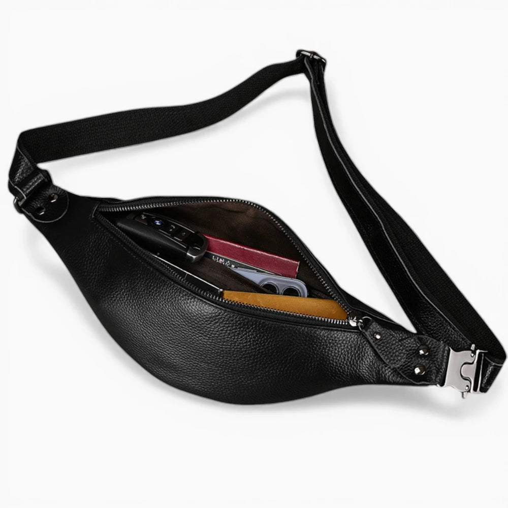Sacoche bandoulière homme Élégance Cuir en cuir, format ceinture, modèle Horizon avec zip, vue intérieure 2