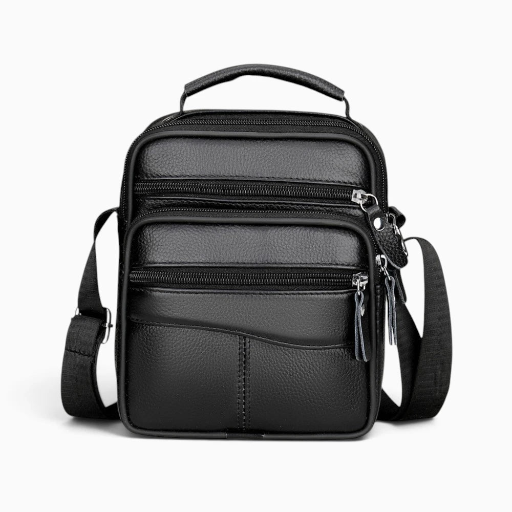 Sacoche homme en cuir noir avec bandoulière, style élégant et pratique, de la marque Élégance Cuir.