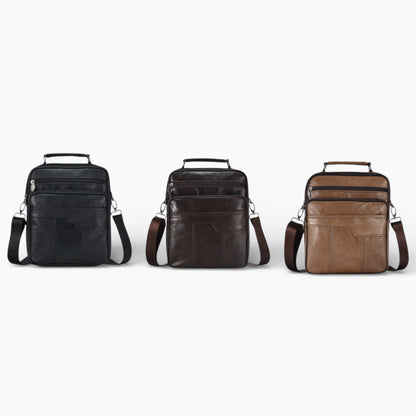 Sacoche bandoulière en cuir marron pour homme, format vertical avec poche zippée, modèle Alliance d'Élégance Cuir.