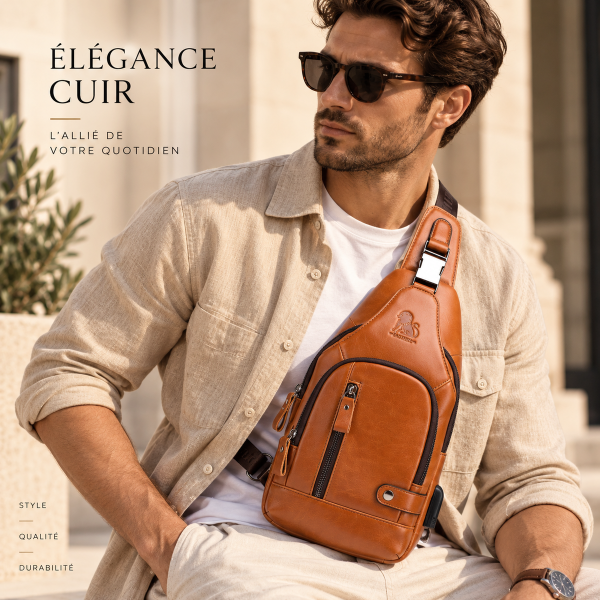 Sacoche homme en cuir Élégance Cuir avec bandoulière, portée poitrine, design élégant et pratique pour un style sophistiqué.