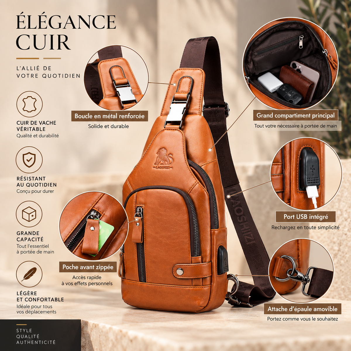 Sacoche pour homme en cuir avec bandoulière, porté en bandoulière ou en sac de poitrine, détails élégants d'Élégance Cuir.