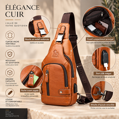 Sacoche pour homme en cuir avec bandoulière, porté en bandoulière ou en sac de poitrine, détails élégants d'Élégance Cuir.