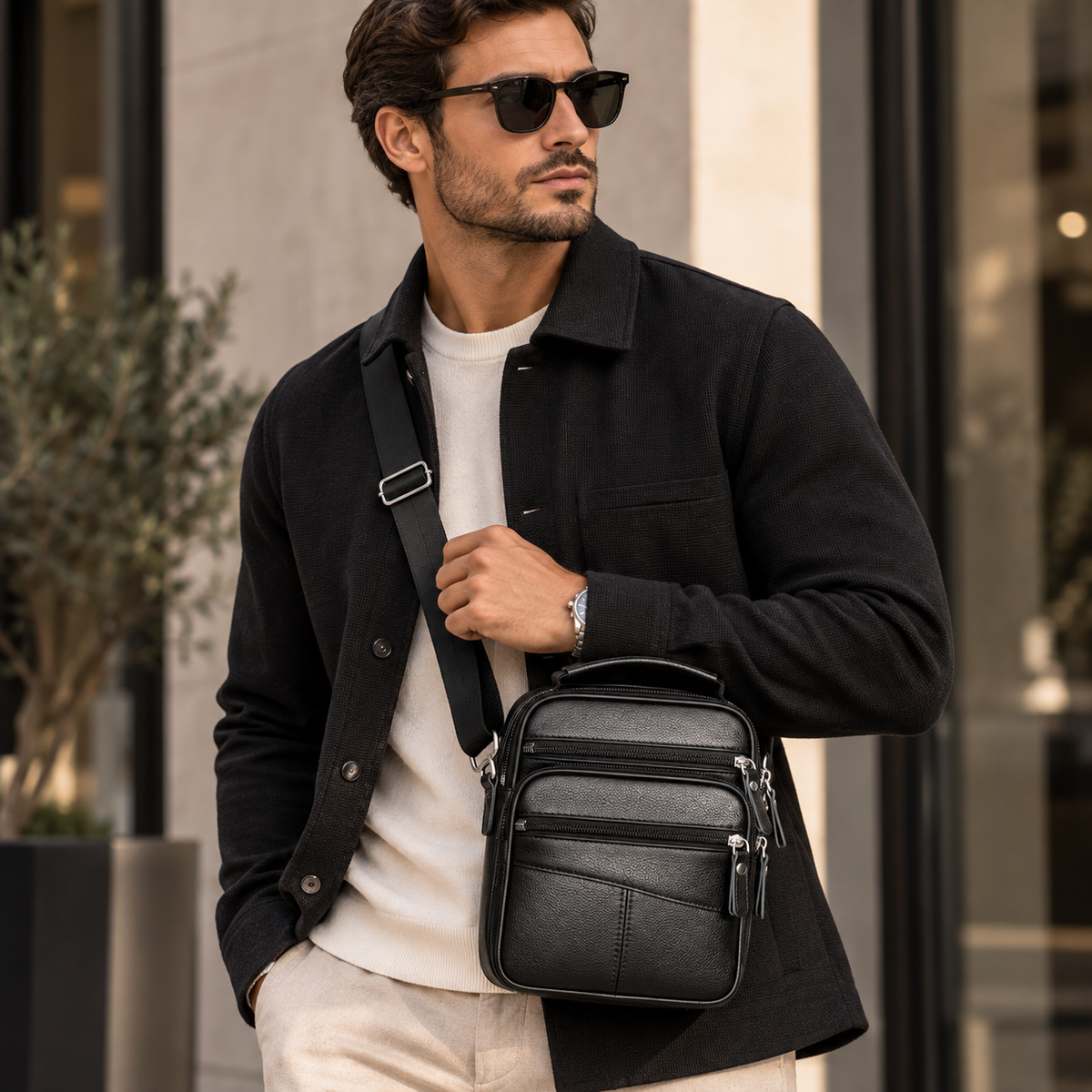 Sacoche homme en cuir noir avec bandoulière, style élégant, portée sur mannequin, par Élégance Cuir.