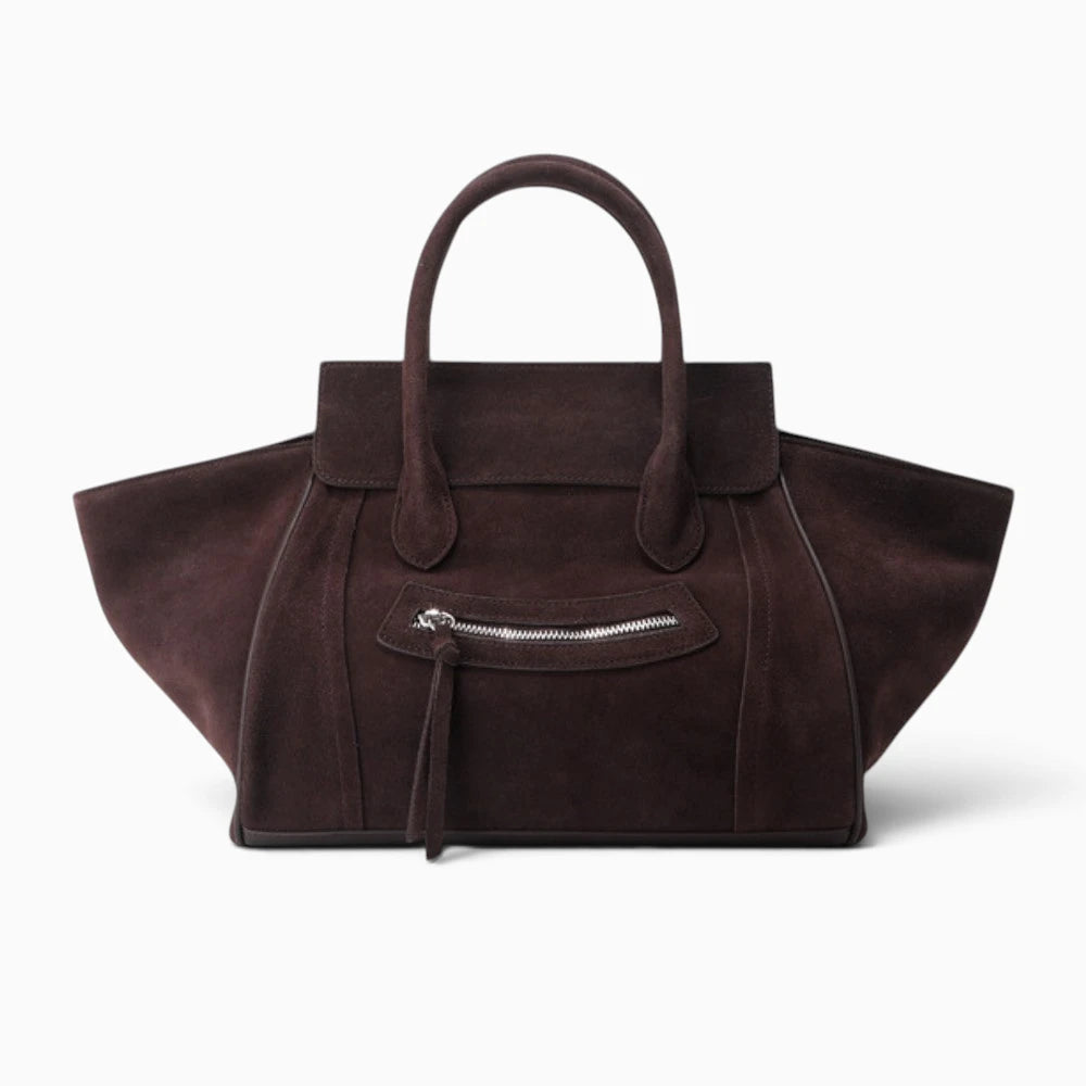 Grand sac cabas pour femme en daim Sienna de la marque Élégance Cuir, avec poignées en cuir et design spacieux.