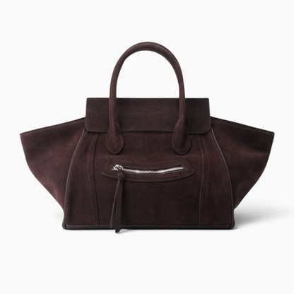 Grand sac cabas pour femme en daim Sienna de la marque Élégance Cuir, avec poignées en cuir et design spacieux.